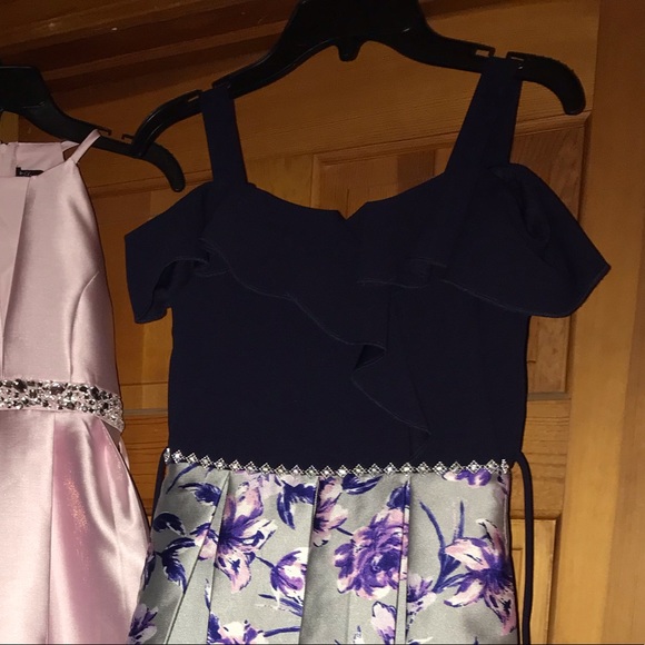 Navy off the shoulder satin maxi - Picture 2 of 4